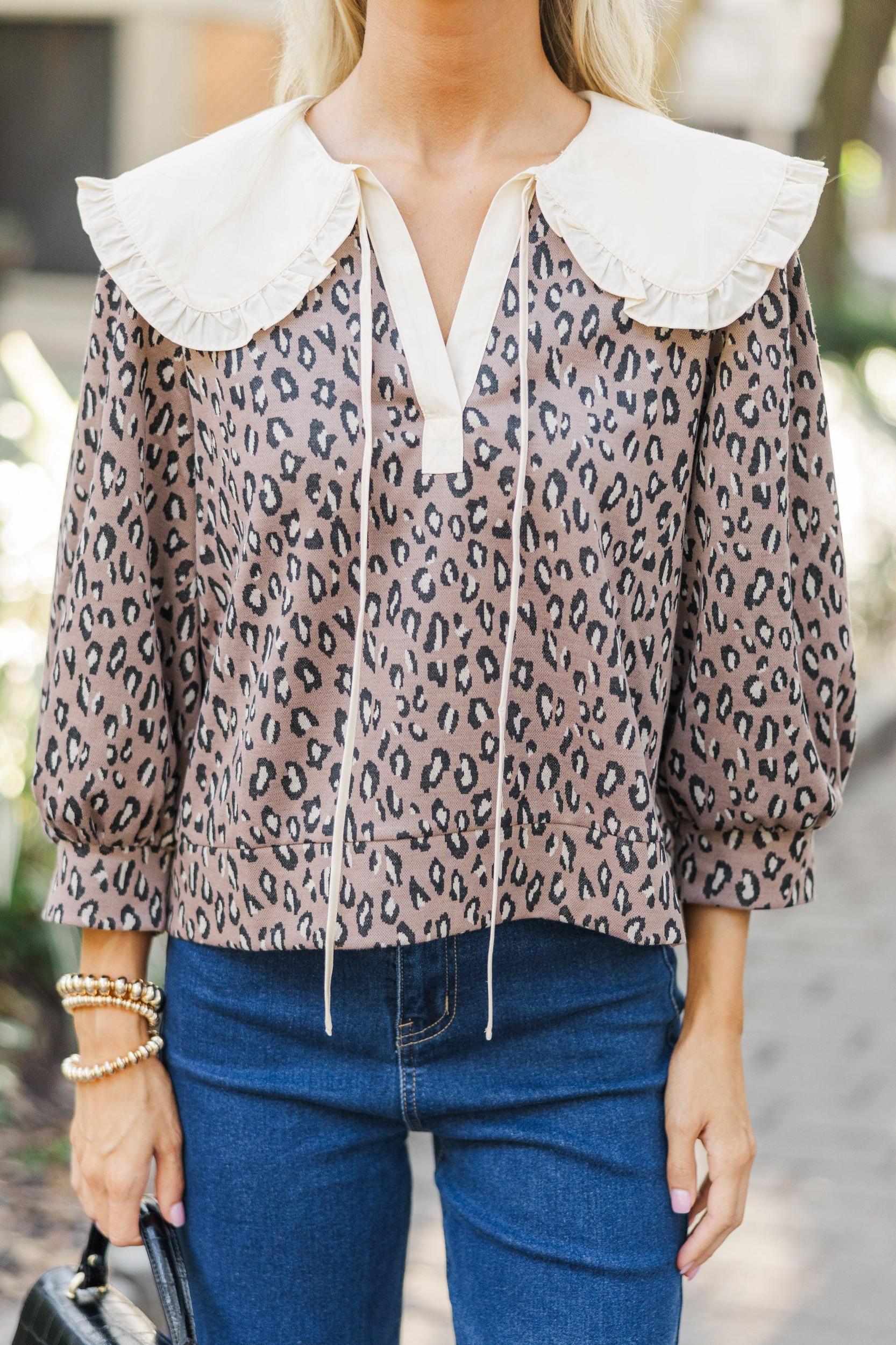 Just Name It Mocha Brown Leopard Blouse Female Product Image