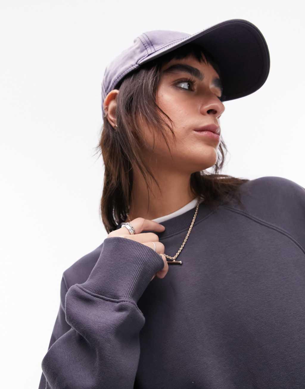 Topshop premium crew neck oversized raglan sweat in slate Product Image