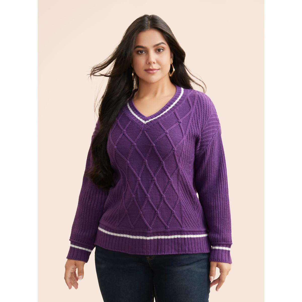 Plus Size Contrast Trim V Neck Texture Pullover DarkViolet Women Casual Loose Long Sleeve V-neck Everyday Pullovers BloomChic 18-20/2X Product Image