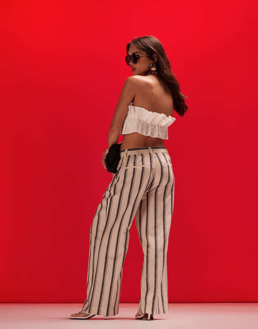 ASOS DESIGN wide leg dad pants with linen in deckchair stripe  Product Image