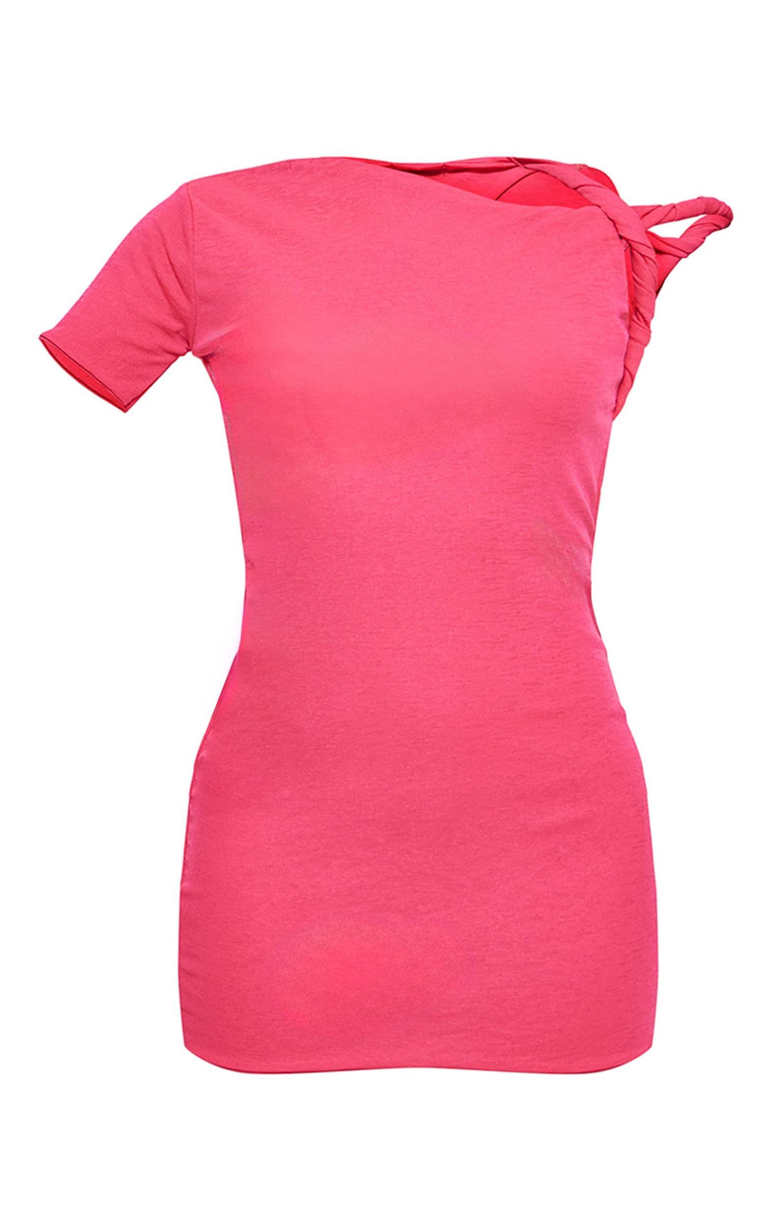 Hot Pink Onion Skin Twist Shoulder Bodycon Dress Product Image