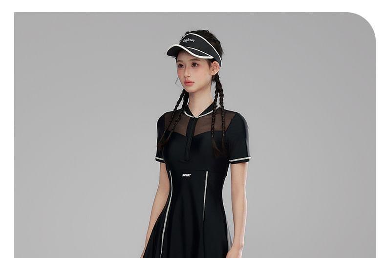 Short-Sleeve Mesh A-Line Swim Dress Product Image
