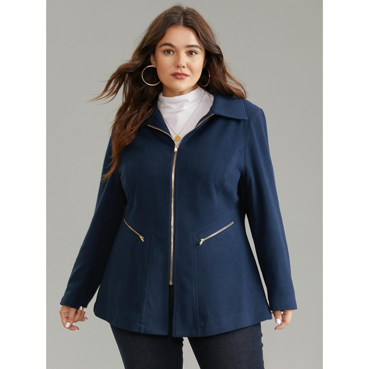 Plus Size Plain Pocket Lapel Collar Zipper Coat Women Indigo Work From Home Lined Ladies Work Winter Coats BloomChic 18-20/2X Product Image
