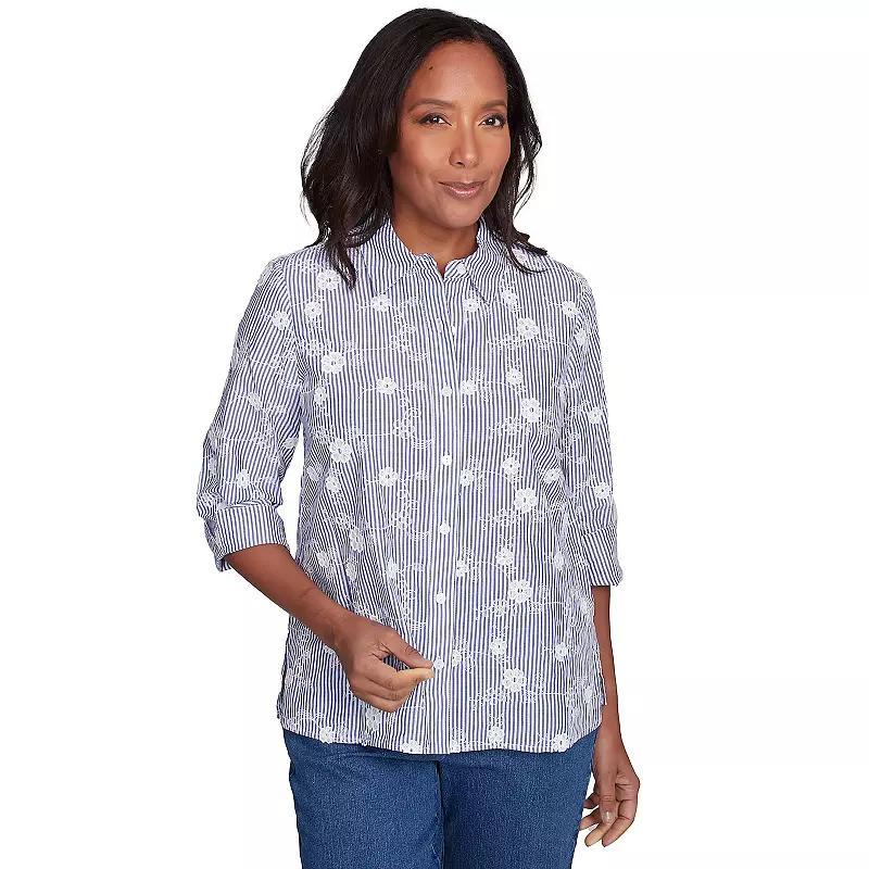 Petite Alfred Dunner Striped Breezy Floral Applique Top, Women's, Size: XL Petite, Blue Product Image