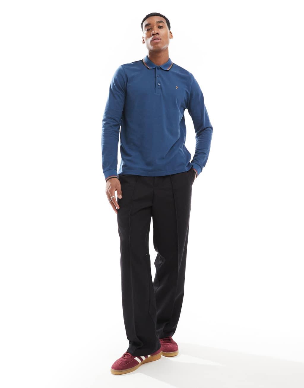 Farah alvin long sleeve tipped polo in blue Product Image