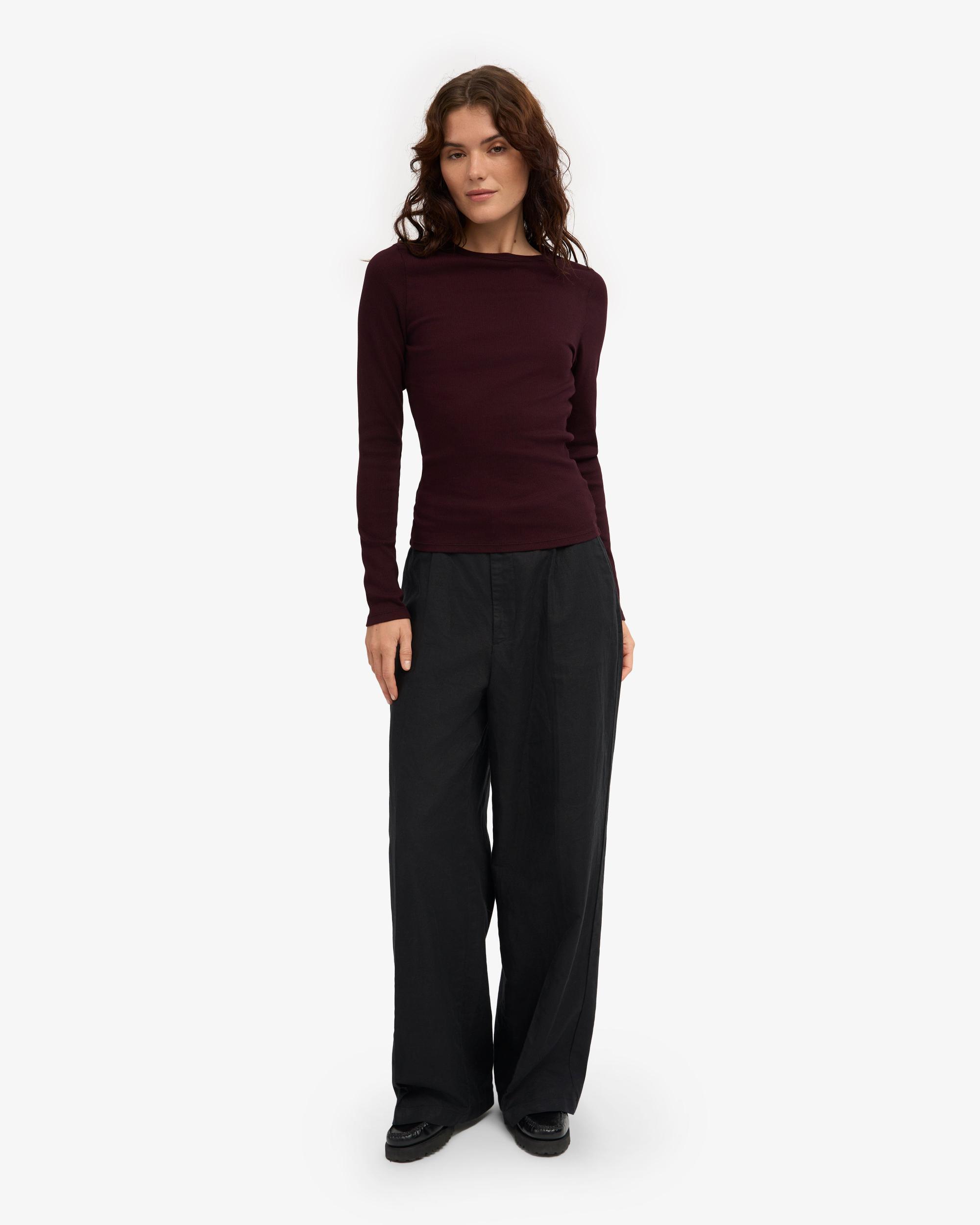 Women Organic Rib LS T-Shirt - Oxblood Red Product Image