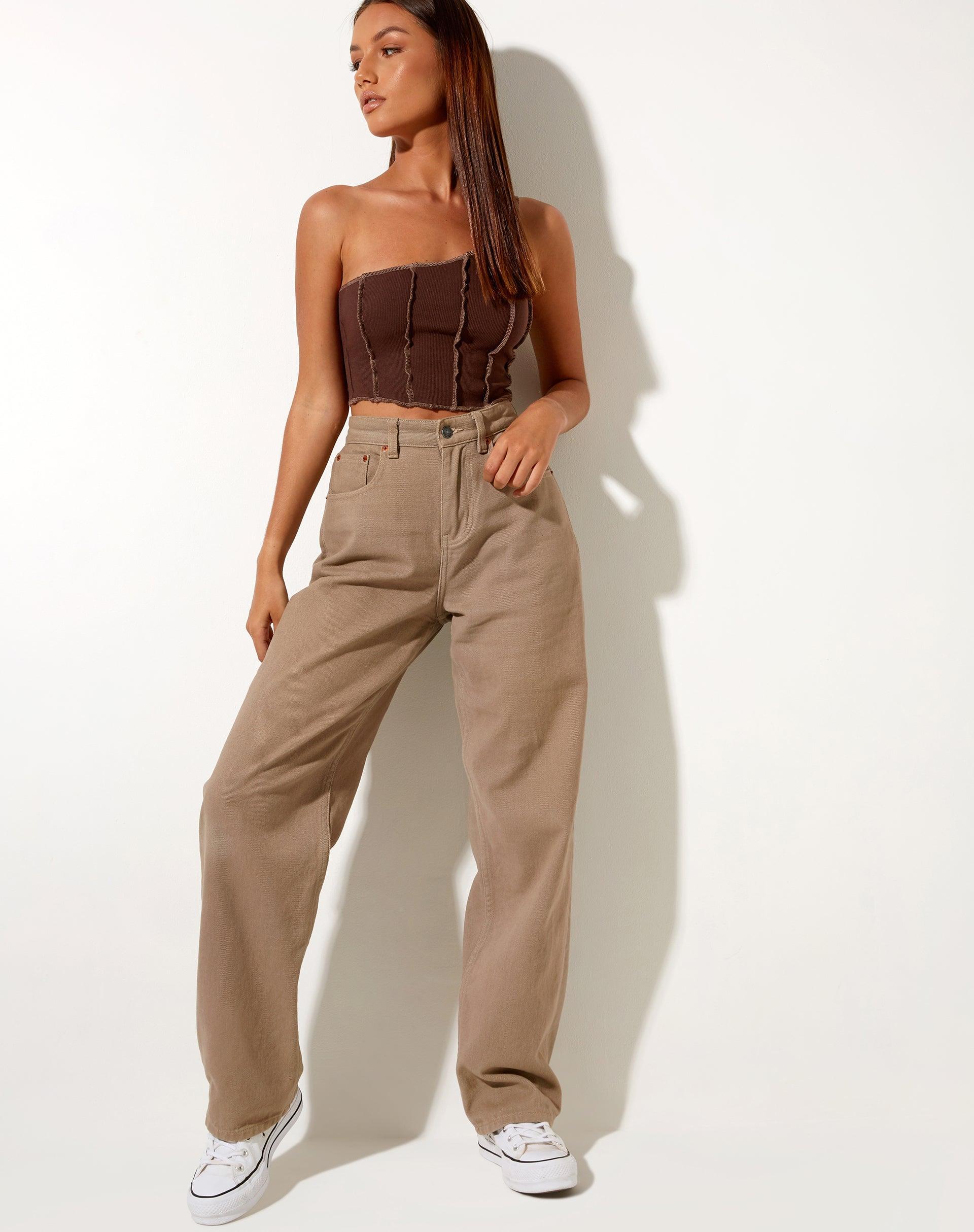 Rara Crop Top in Rib Deep Mahogany with Brown Stitching Product Image