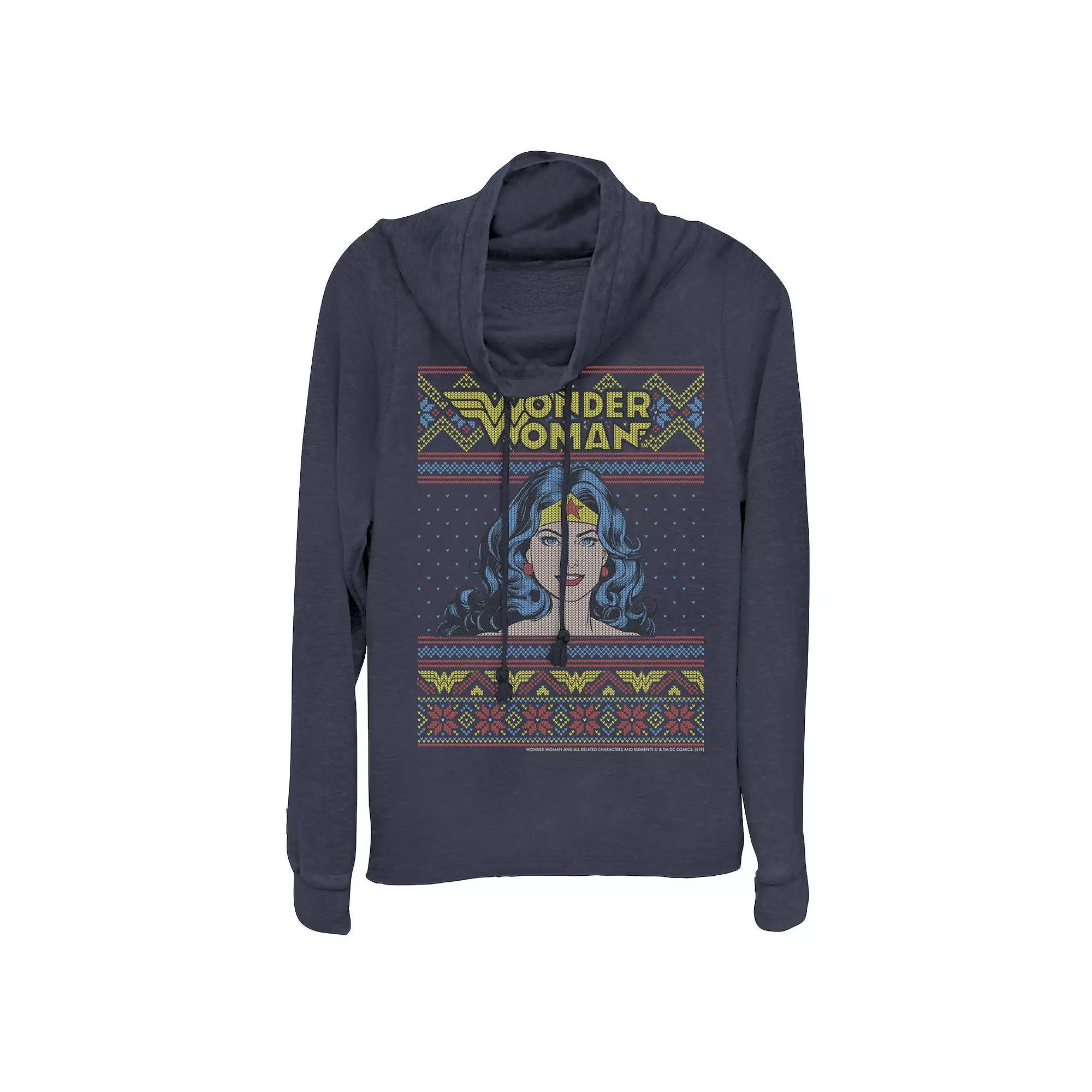 Juniors' DC Comics Wonder Woman Christmas Cowlneck Graphic Lightweight Long Sleeve, Girl's, Size: Medium, Blue Product Image