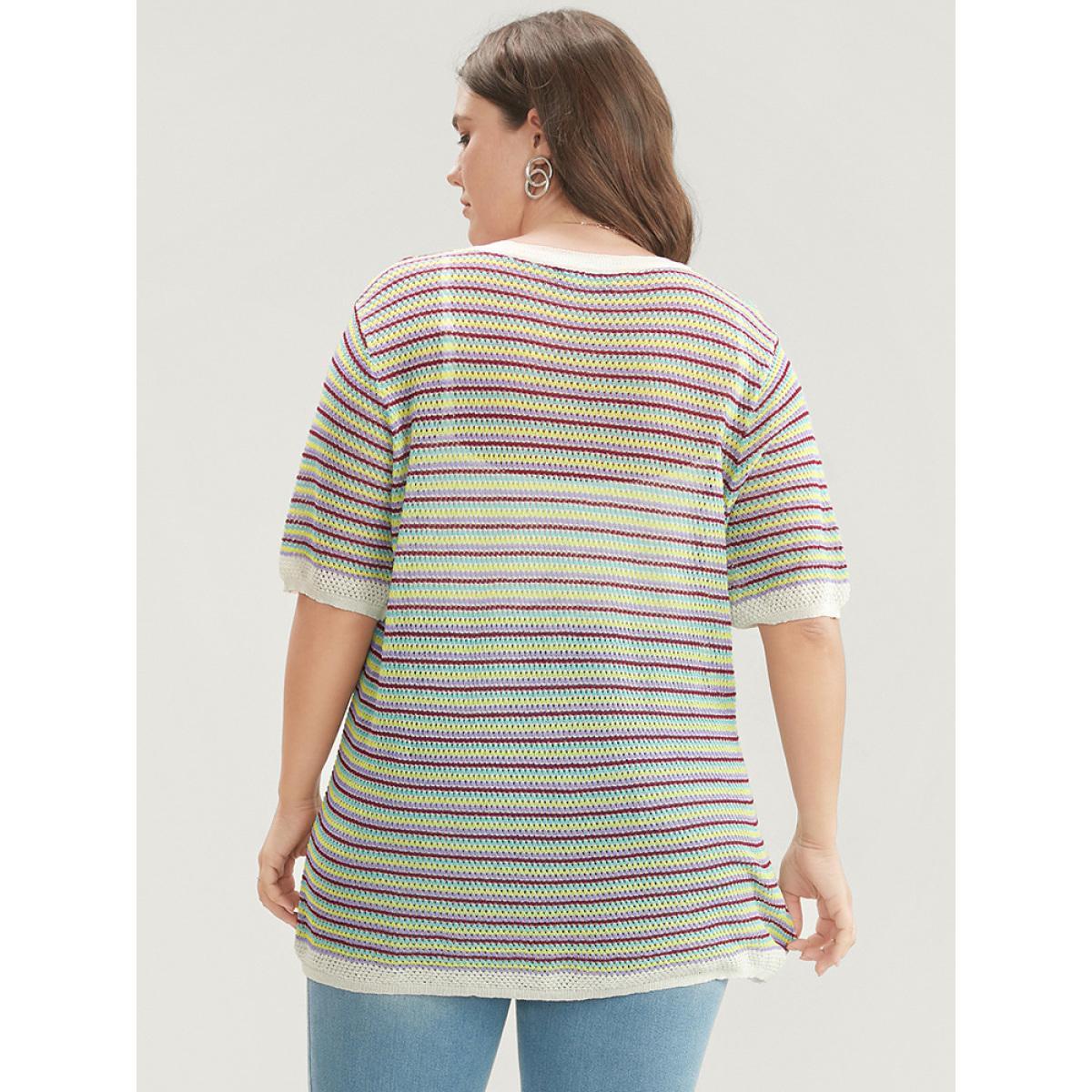 Plus Size Striped Contrast Round Neck Knit Top Multicolor Women Vacation Short sleeve Round Neck Dailywear Pullovers BloomChic 12/L Product Image