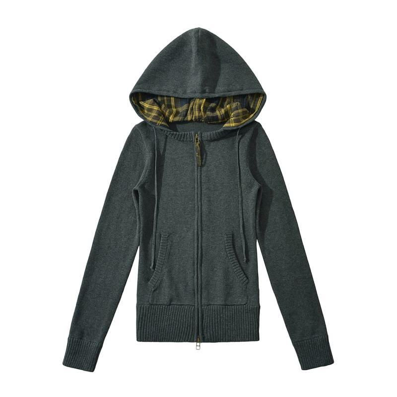 Plain Plaid Panel Hooded Zip Cardigan Product Image