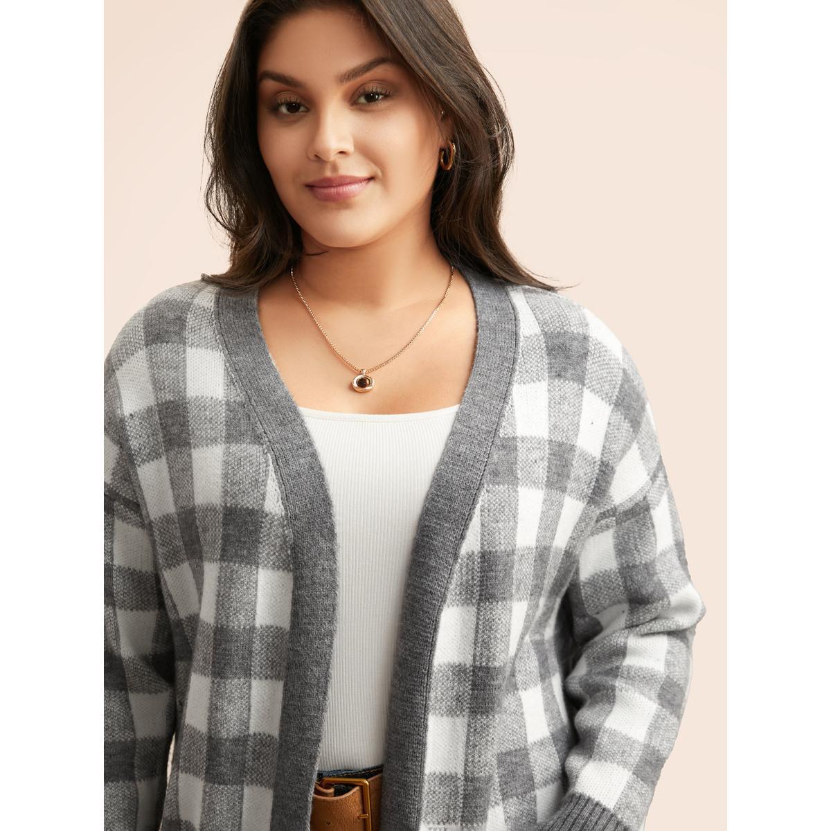Plus Size Supersoft Essentials Plaid Drop Shoulder Cardigan DimGray Women Casual Loose Long Sleeve Everyday Cardigans BloomChic 28/5X Product Image