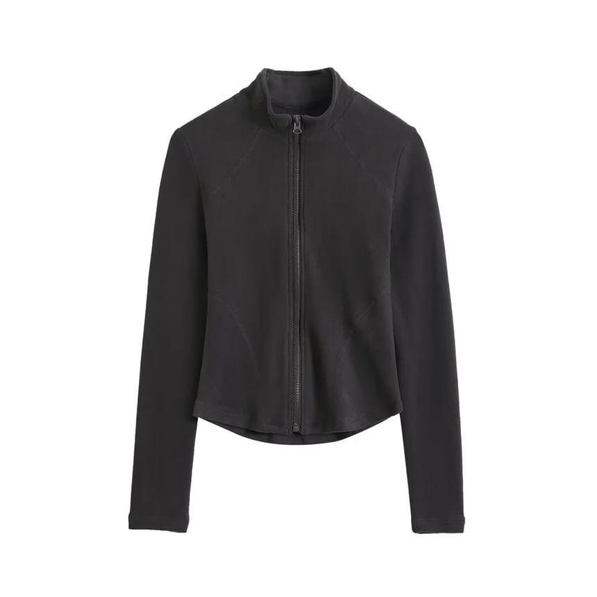 Stand Collar Plain Zip Up Cropped Jacket Product Image