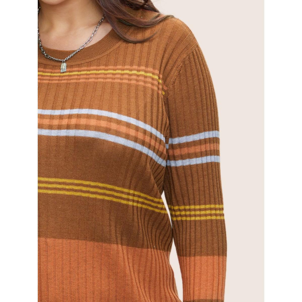 Plus Size Supersoft Essentials Contrast Striped Pullover Rust Women Casual Long Sleeve Round Neck Everyday Pullovers BloomChic 30/6X Product Image