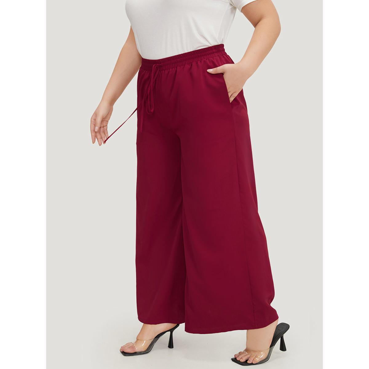 Plus Size Solid Pocket Drawstring Wide Leg Pants Women Burgundy Office Wide Leg High Rise Work Pants BloomChic 14-16/1X Product Image
