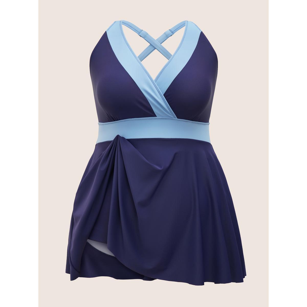 Plus Size Two Tone Gathered Overlap Collar Swim Dress Women's Swimwear Indigo Beach Bodycon Overlap Collar High stretch Curve Swim Dresses BloomChic 14-16/1X Product Image
