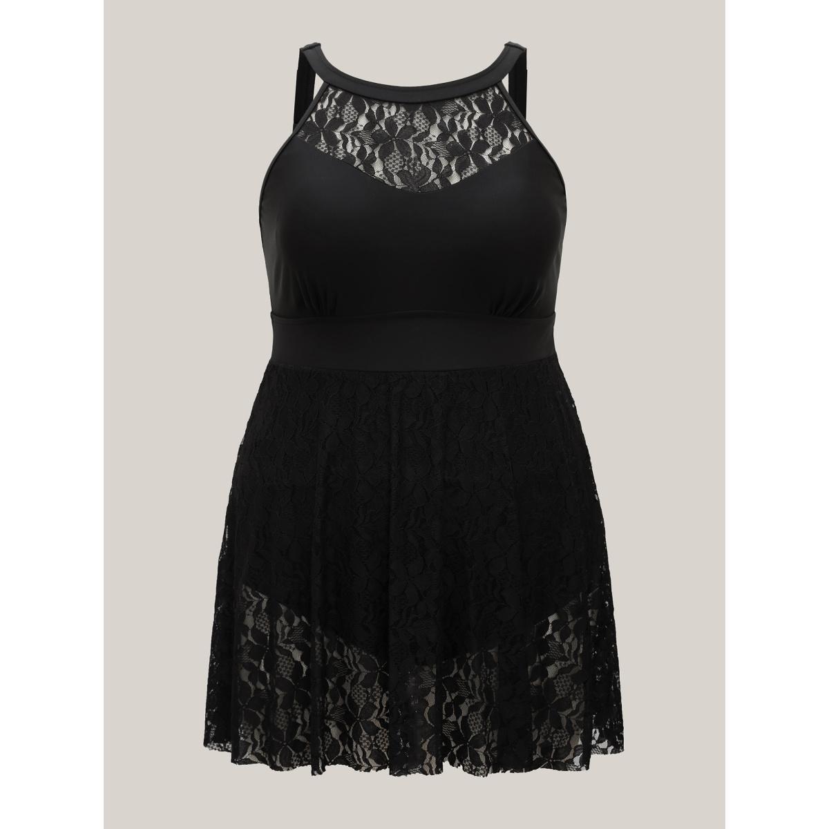Plus Size Lace Sheer Slit Adjustable Straps Swim Dress Women's Swimwear Black Beach Bodycon Halter neck High stretch Curve Swim Dresses BloomChic 10/M Product Image