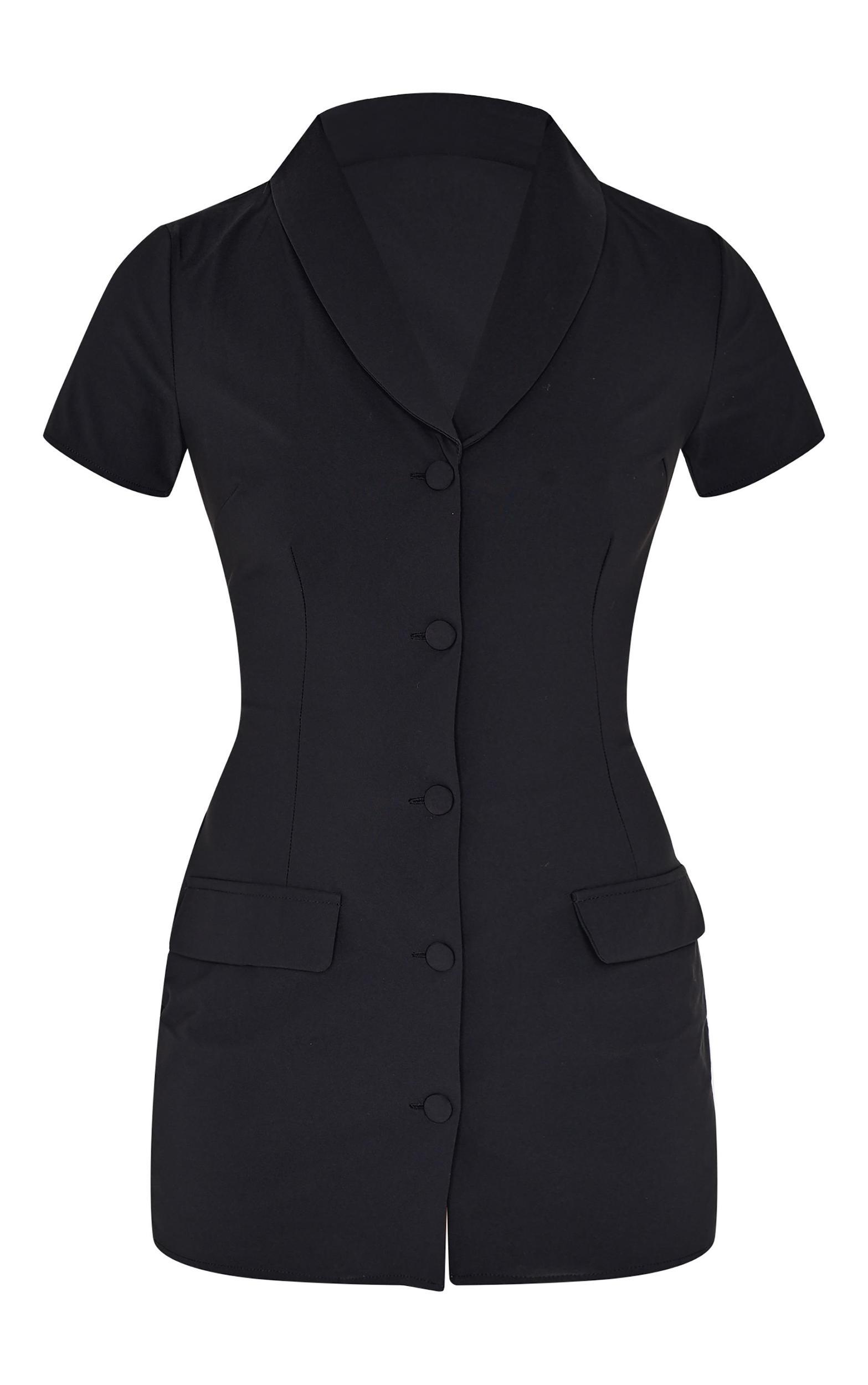 Black Tailored Woven Cap Sleeve Button Down Shift Dress Product Image