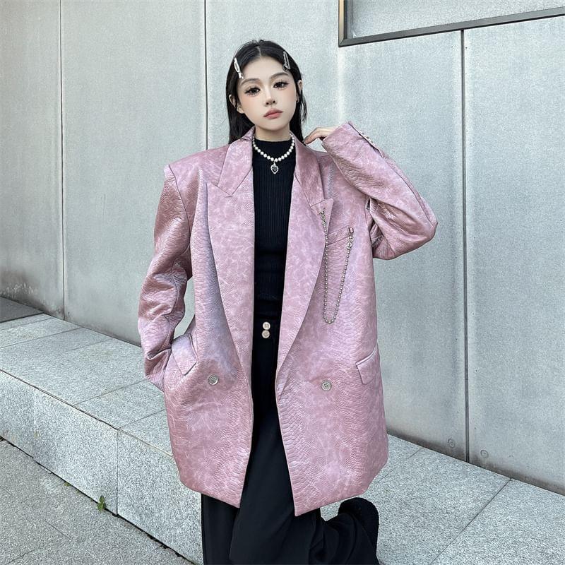 Peak Lapel Crocodile Grain Chained Double-Breasted Blazer Product Image
