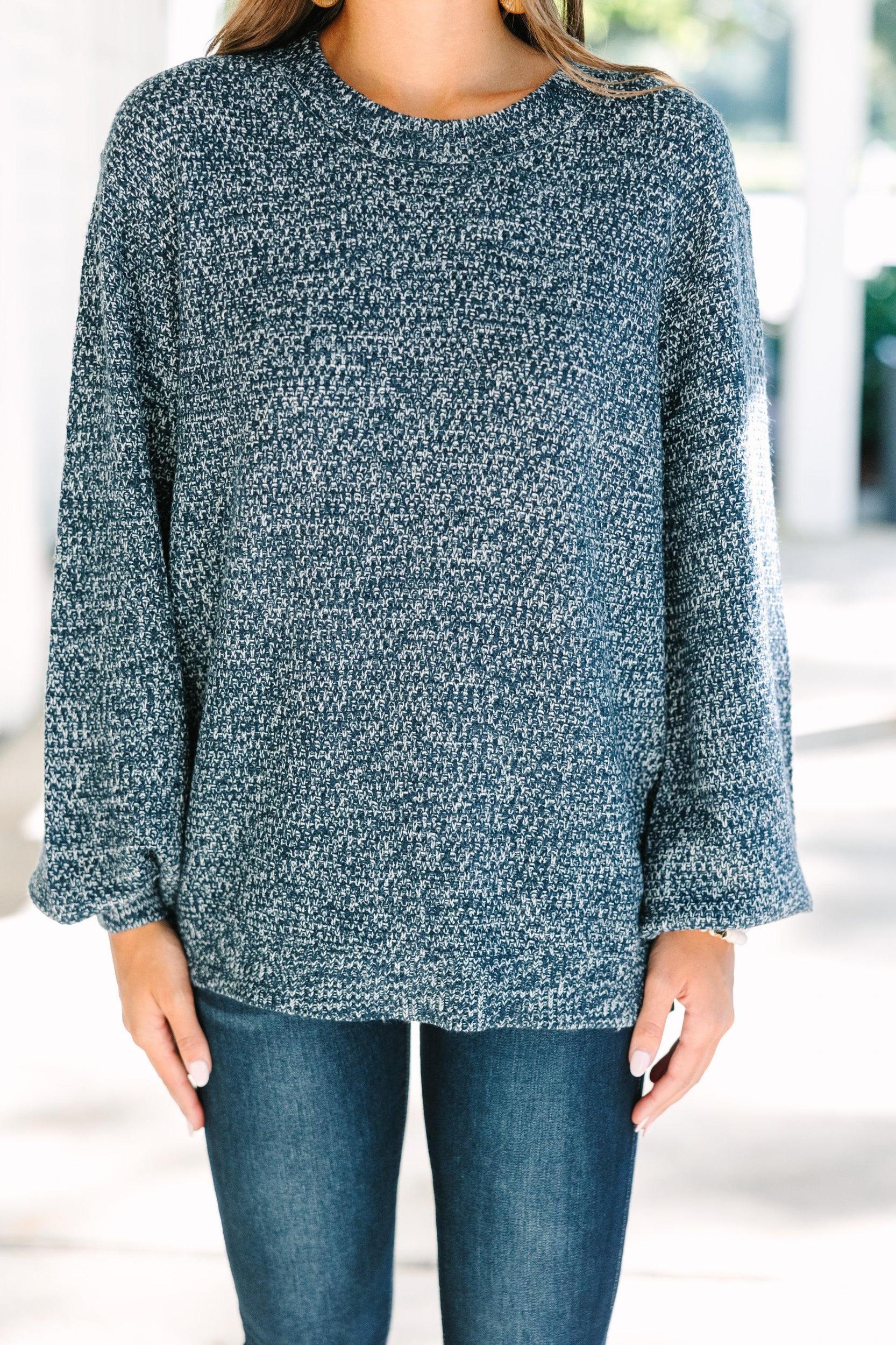 The Slouchy Navy Blue Bubble Sleeve Sweater Female Product Image