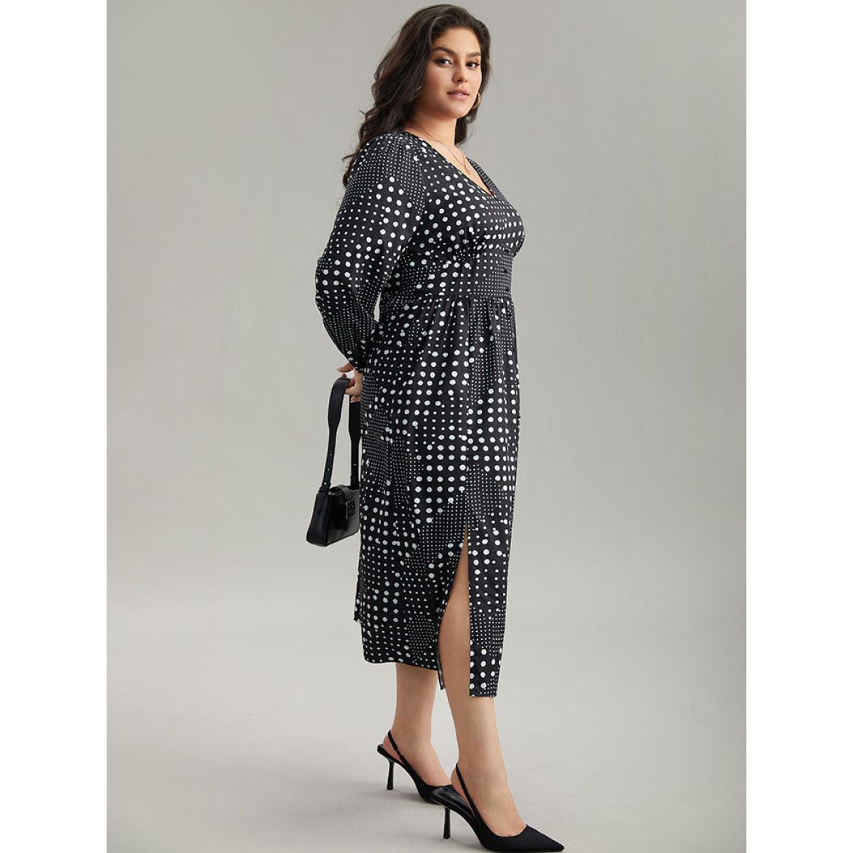 Plus Size Polka Dot Elastic Waist Split Hem Dress Black Women At the Office Pleated V-neck Long Sleeve Curvy Midi Dress BloomChic 28/5X Product Image