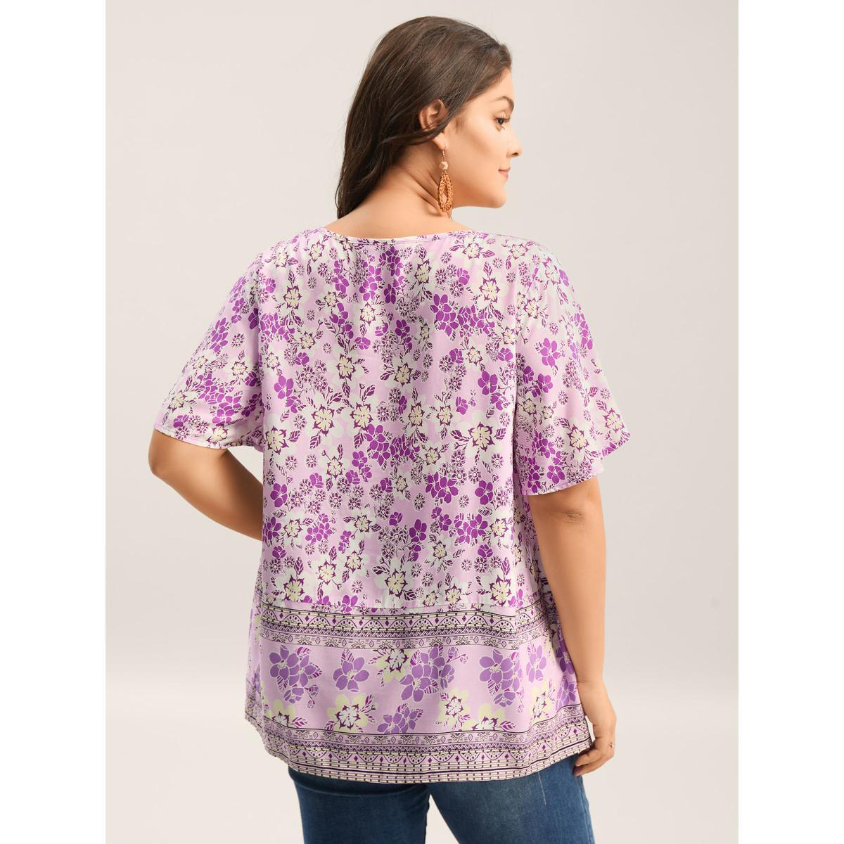 Plus Size Lilac Floral Print Neck Tie Flowy Blouse Women Short sleeve Notched collar Vacation Blouses BloomChic 14-16/1X Product Image