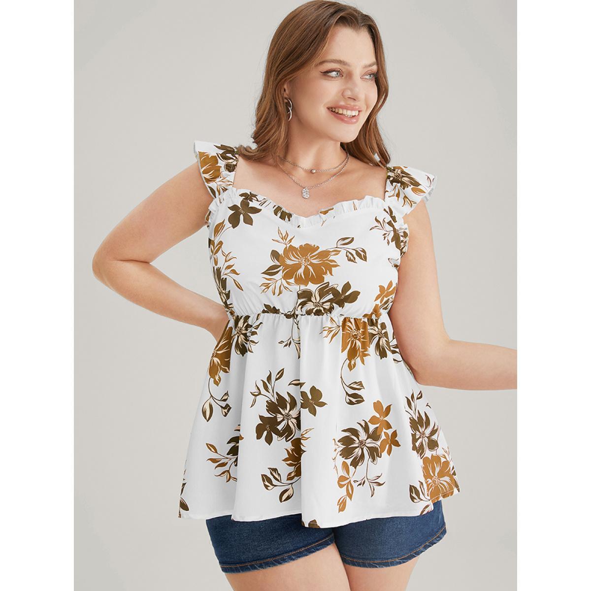 Plus Size Floral Print Babydoll Ruffles Trim Cami Top Women Chocolate Elegant Elastic Waist V-neck Dailywear Tank Tops Camis BloomChic 12/L Product Image