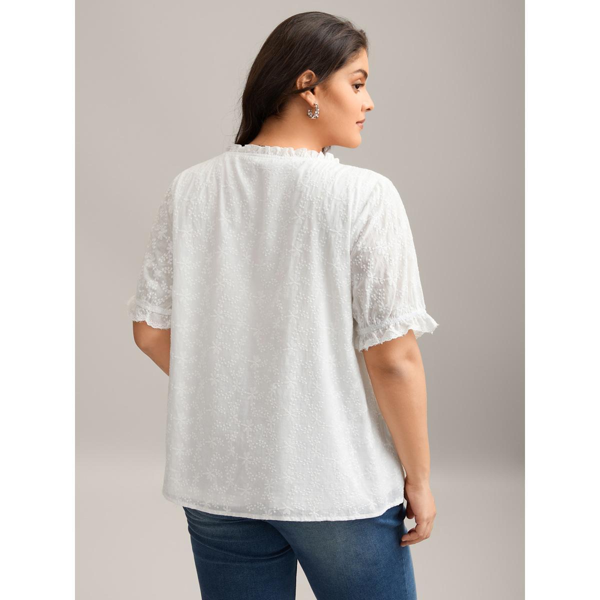 Plus Size WhiteSmoke Cotton Embroidery Notched Neck Tie Shirt Women Half Sleeve Flat collar with V-notch Everyday-Elegant Blouses BloomChic 26/4X Product Image