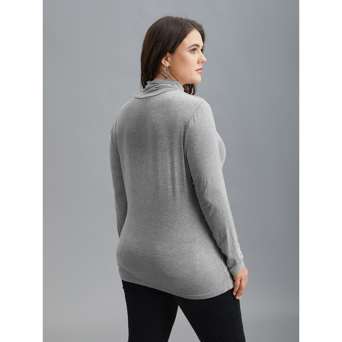 Plus Size Supersoft Essentials Solid Funnel Neck Knit T-shirt LightGray Women Elegant Plain Plain Ruffled collar Bodycon Dailywear T-shirts BloomChic 12/L Product Image