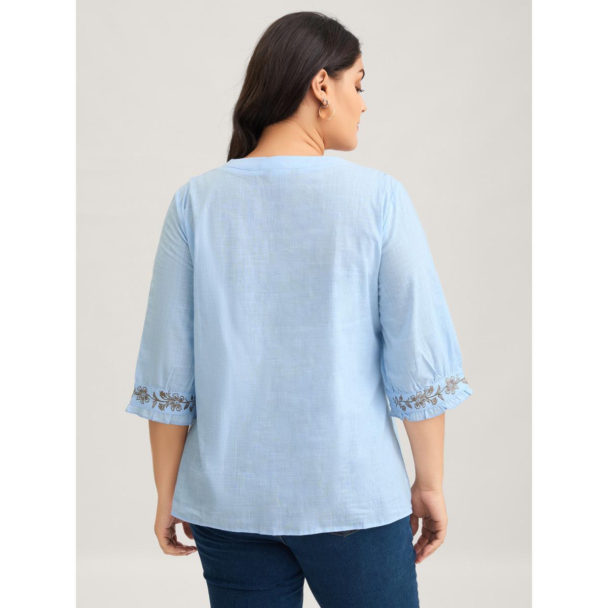Plus Size LightBlue Cotton Floral Embroidered Notched Collar Frill Trim Blouse Women Casual Elbow-length sleeve Stand-up collar Everyday Blouses BloomChic 22-24/3X Product Image