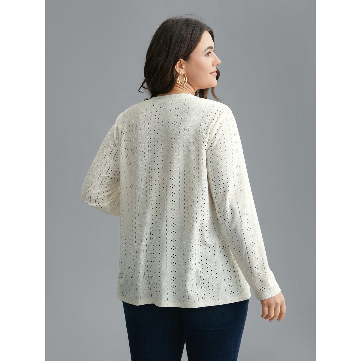 Plus Size Textured Cut-out Elastic Round Neck T-shirt Ivory Women Casual Texture Round Neck Everyday T-shirts BloomChic 10/M Product Image