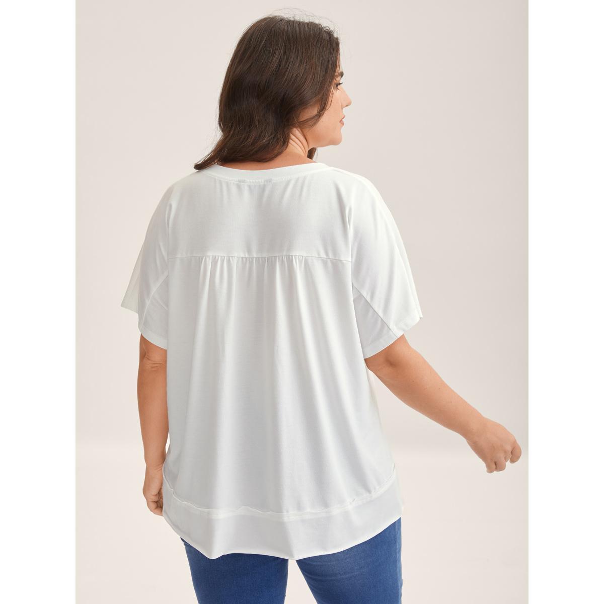 Plus Size Stretchy Handmade Shirred Relaxed-Fit T-Shirt WhiteSmoke Women Gathered V-neck Everyday-Casual T-shirts BloomChic 14-16/1X Product Image