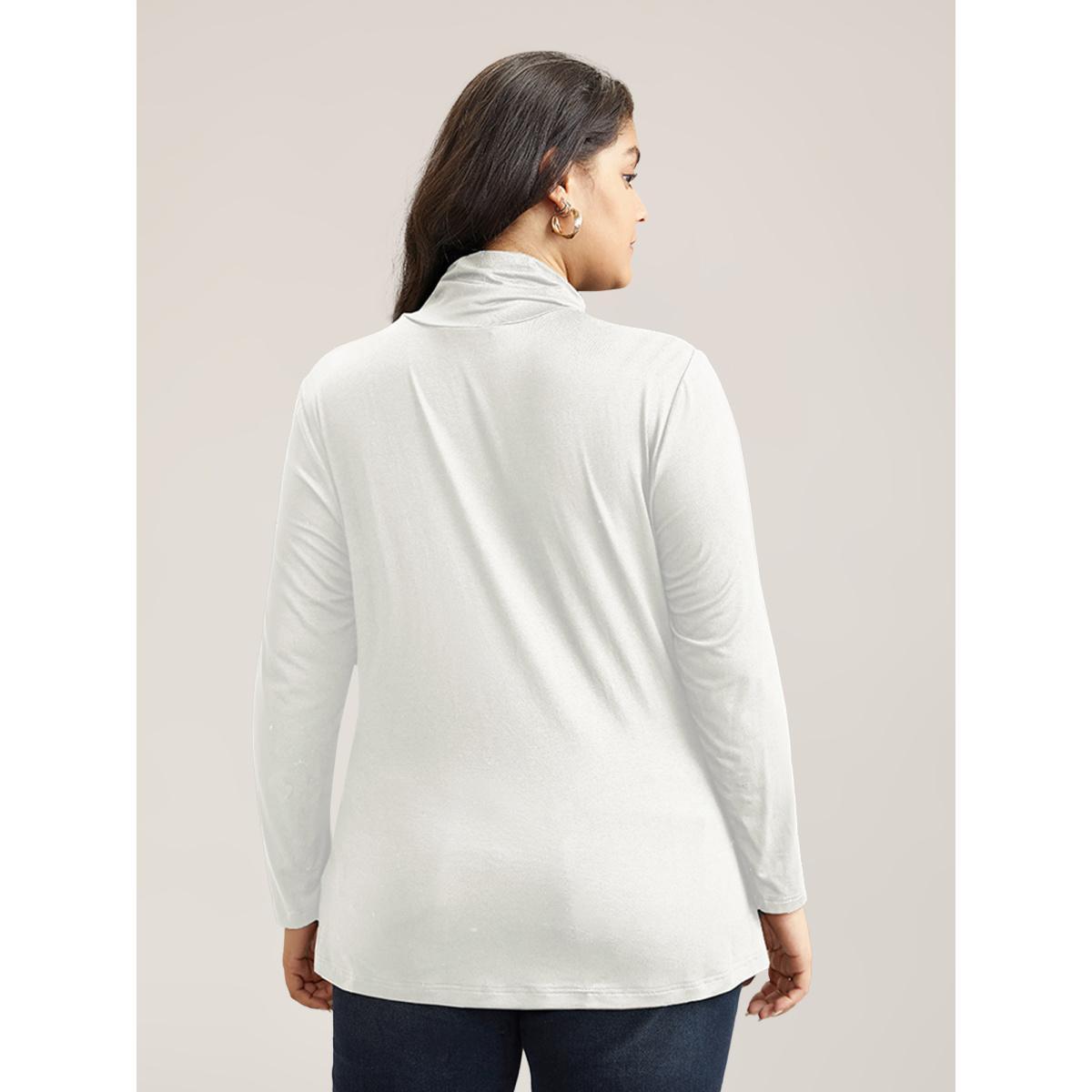 Plus Size Supersoft Essentials Solid Funnel Neck Knit T-shirt White Women Elegant Plain Plain Ruffled collar Bodycon Dailywear T-shirts BloomChic 12/L Product Image