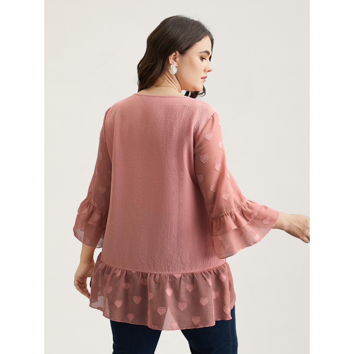 Plus Size Rouge Love Textured Patchwork Sheer Tiered Ruffles Blouse Women Elegant Elbow-length sleeve V-neck Everyday Blouses BloomChic 14-16/1X Product Image