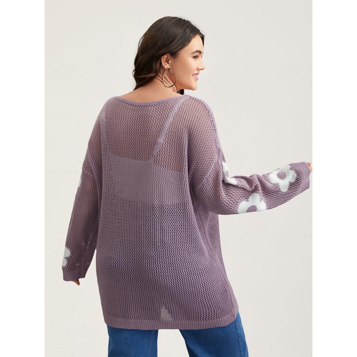 Plus Size Floral Jacquard Cut-Out Ribbed Pullover Mauve Women Beach Loose Long Sleeve Round Neck Vacation Pullovers BloomChic 28/5X Product Image