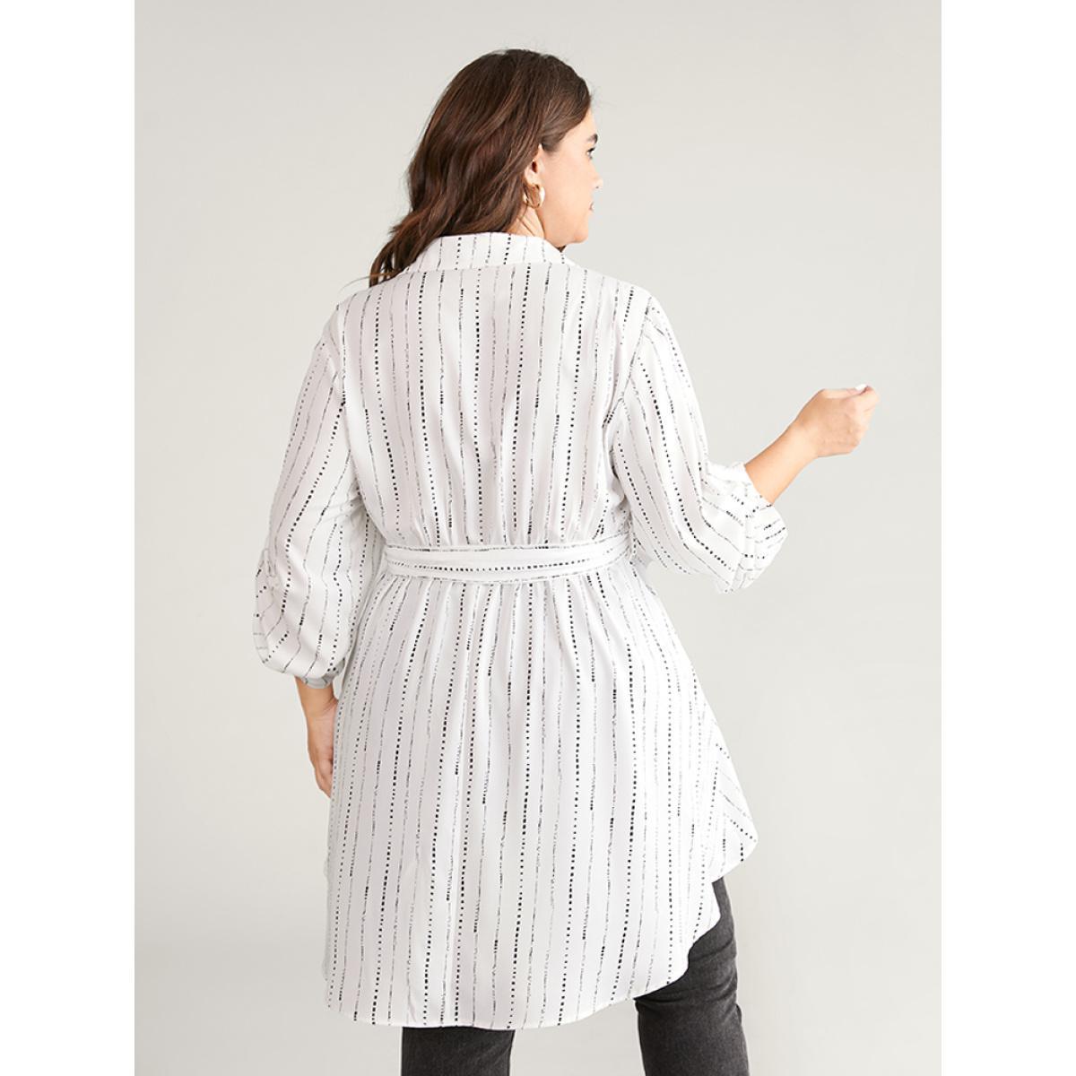 Plus Size White Striped Belted Shirt Collar Asymmetrical Hem Blouse Women Office Long Sleeve Shirt collar Work Blouses BloomChic 14-16/1X Product Image