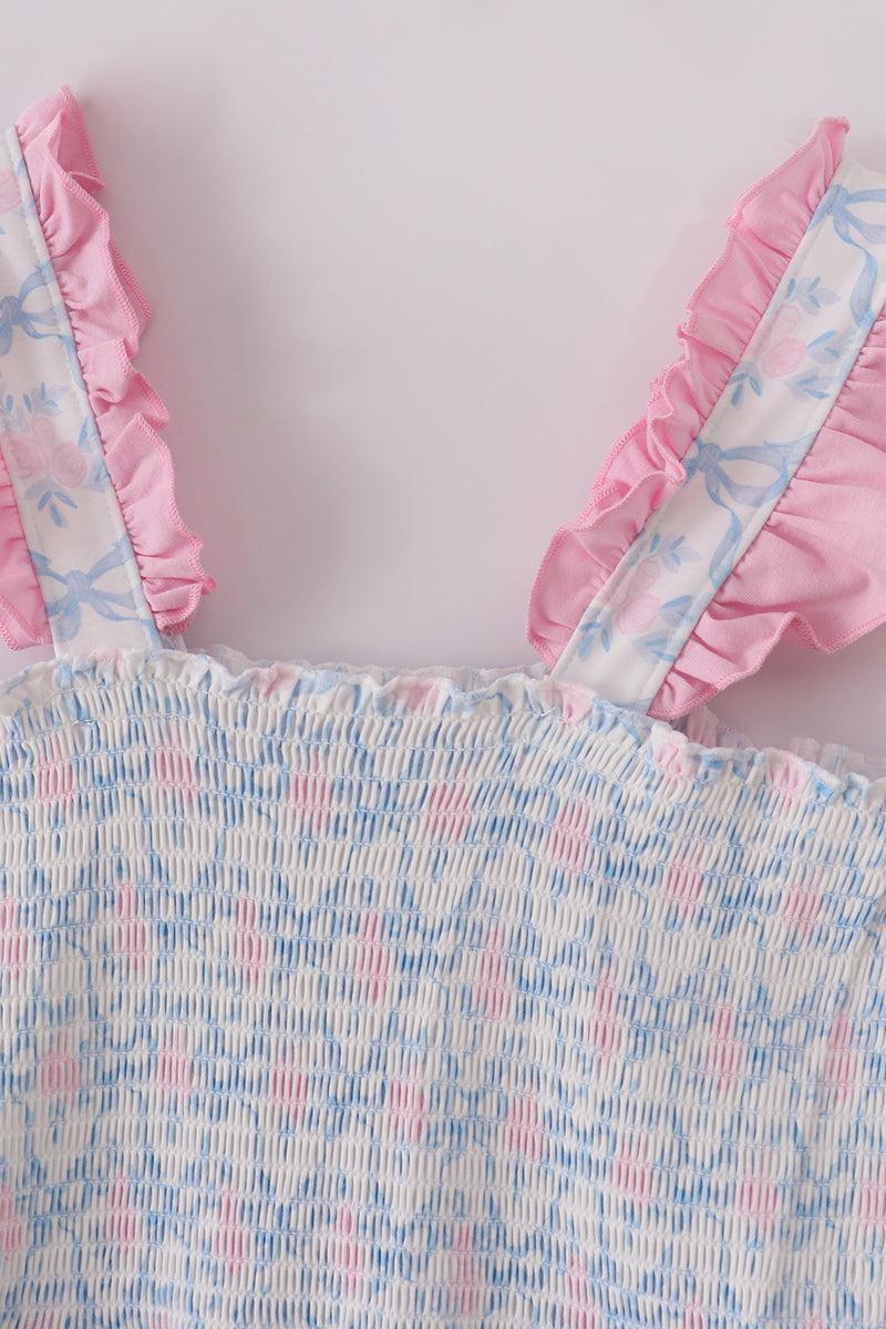 Blue bow tie print smocked mom dress Product Image