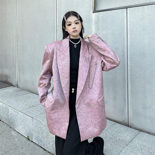 Peak Lapel Crocodile Grain Chained Double-Breasted Blazer Product Image