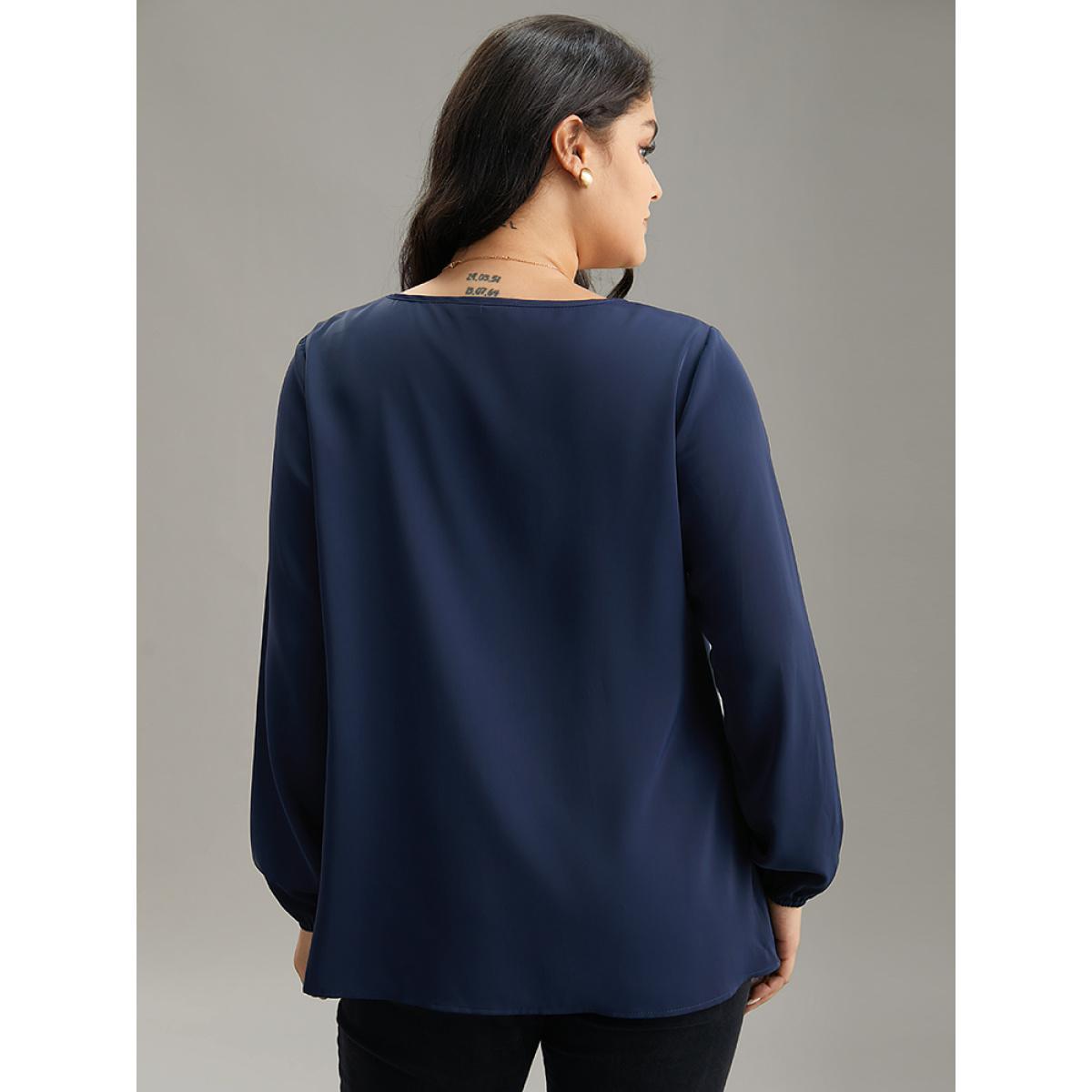 Plus Size Aegean Static-Free Plain Zipper Elastic Cuffs Blouse Women Office Long Sleeve V-neck Work Blouses BloomChic 12/L Product Image