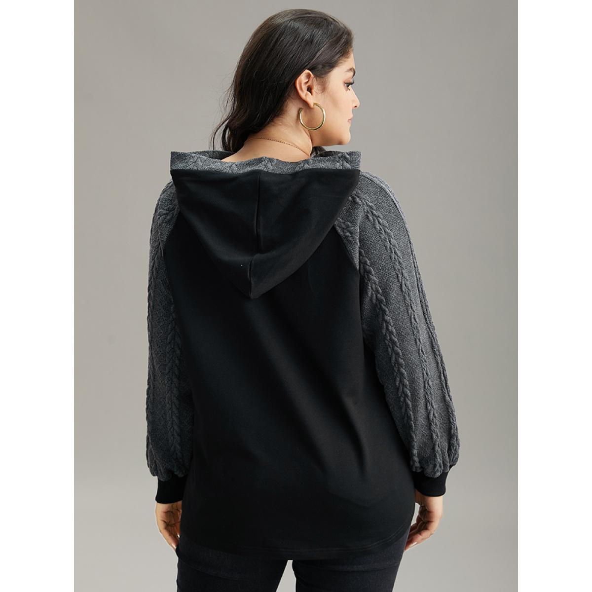 Plus Size Rib Knit Cable Knit Patchwork Hooded Sweatshirt Women Black Casual Elastic cuffs Hooded Dailywear Sweatshirts BloomChic 30/6X Product Image