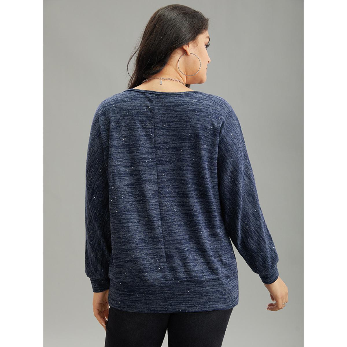 Plus Size Solid Heather V Neck Sequin T-shirt Blue Women Casual Texture Plain V-neck Everyday T-shirts BloomChic 26/4X Product Image