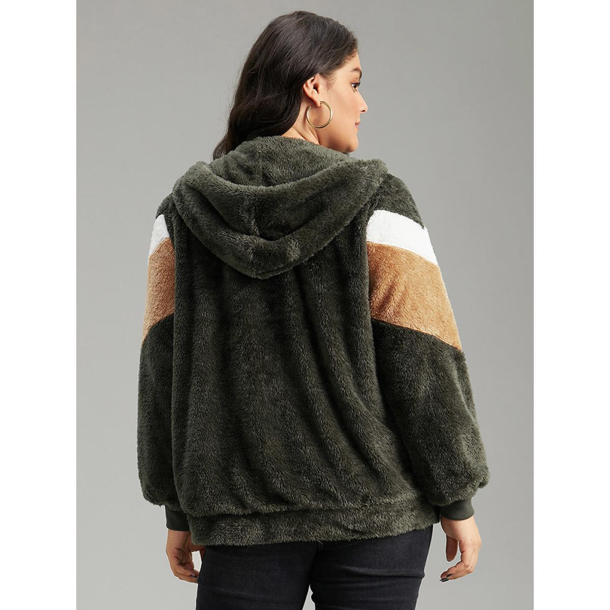 Plus Size Colorblock Contrast Fuzzy Zipper Jacket Women ArmyGreen Elastic cuffs Pocket Everyday Jackets BloomChic 26/4X Product Image