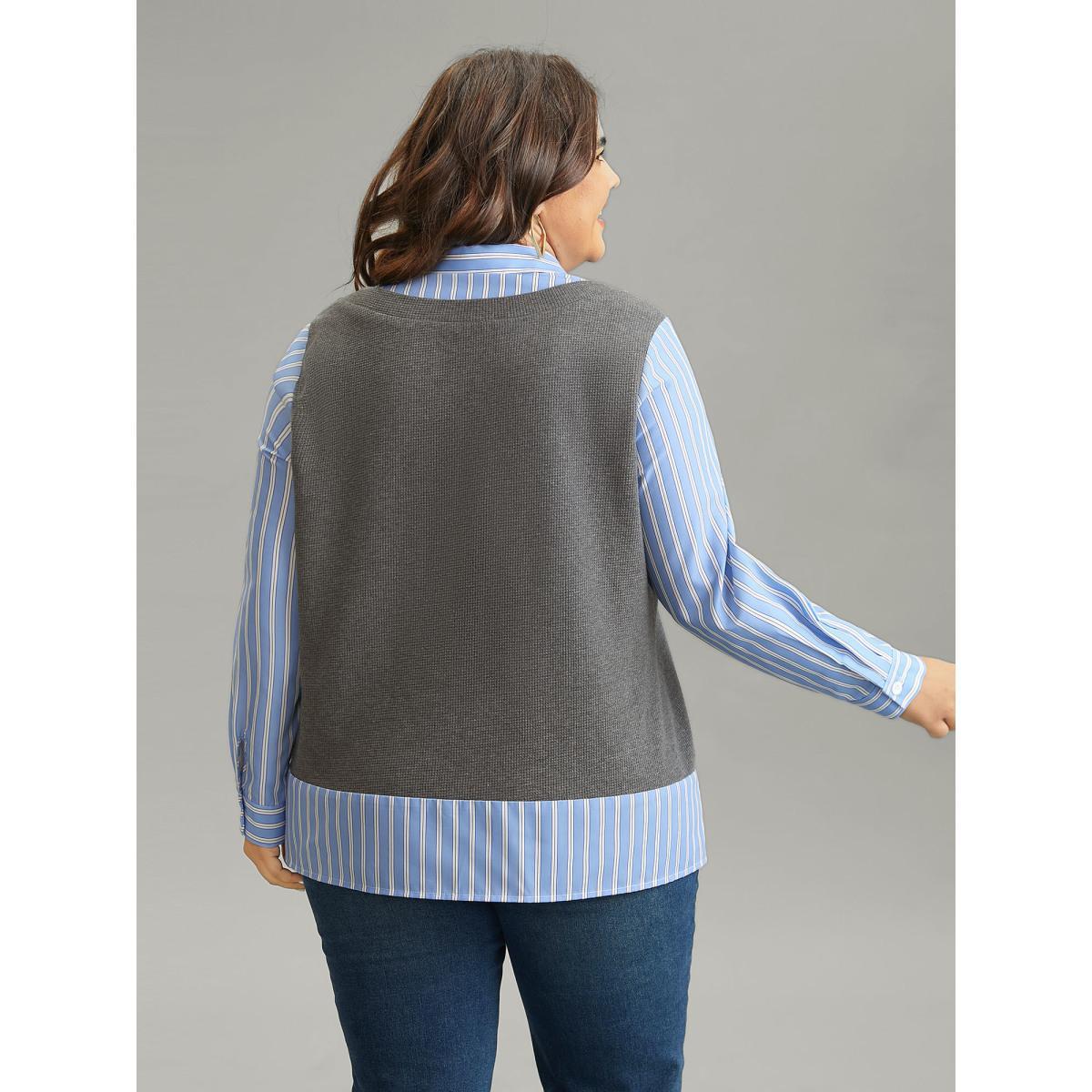 Plus Size 2-In-1 Striped Patchwork Waffle Knit Sweatshirt Women Gray Casual Waffle Knit Shirt collar Dailywear Sweatshirts BloomChic 10/M Product Image