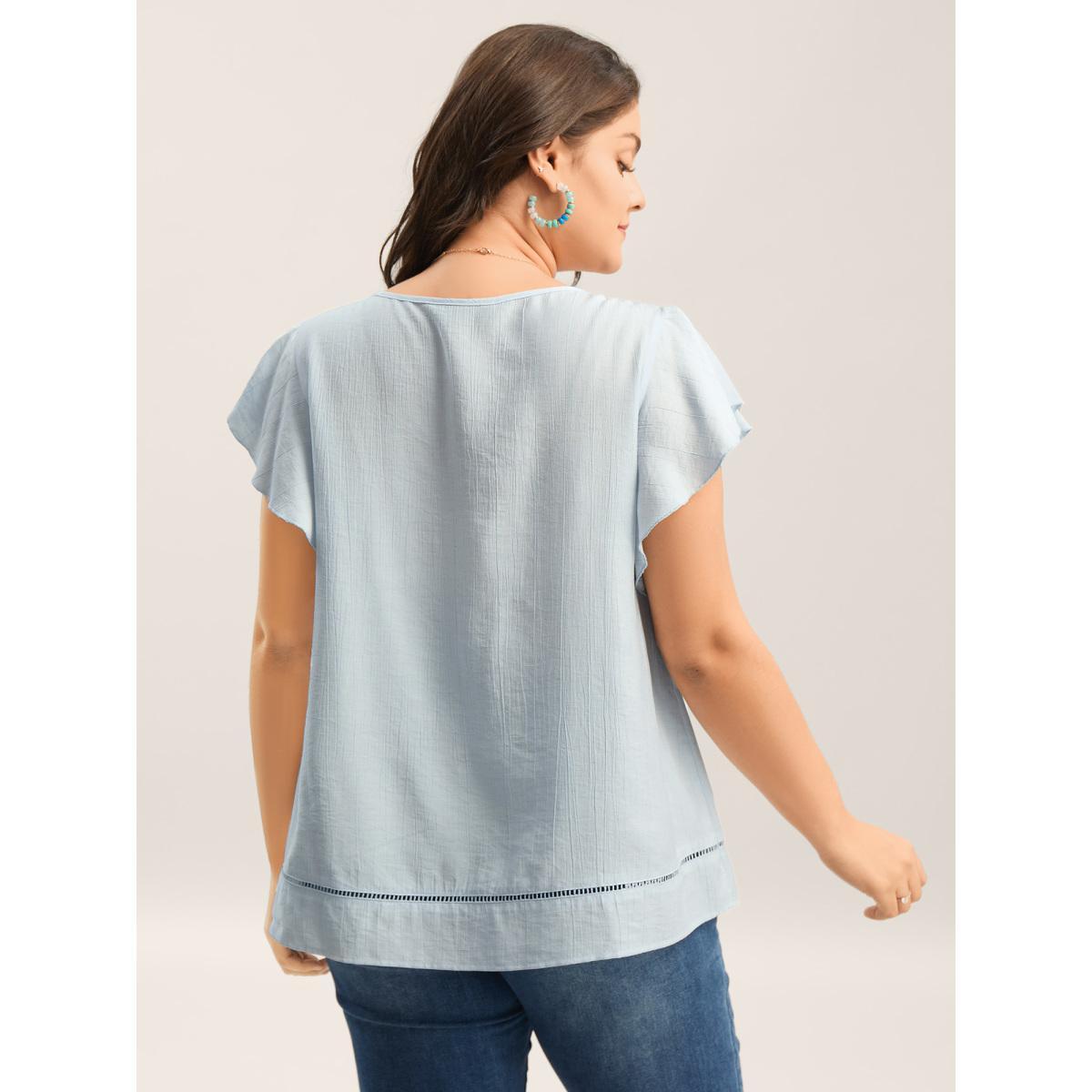 Plus Size LightBlue Supersoft Cotton Linen Blend Ruffled Blouse Women Cap Sleeve Round Neck Vacation Blouses BloomChic 30/6X Product Image