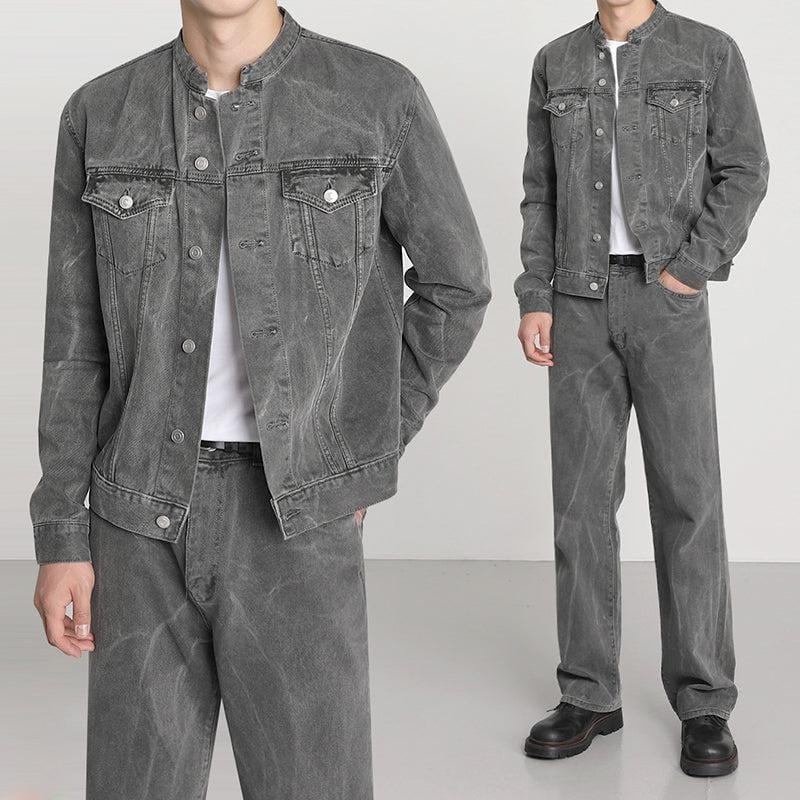 RT No. 5571 GRAY MANDARIN COLLAR DENIM JK & WIDE STRAIGHT JEANS Product Image