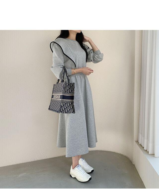 Long Sleeve Round Neck Contrast Piping Midi Sweatshirt Dress Product Image