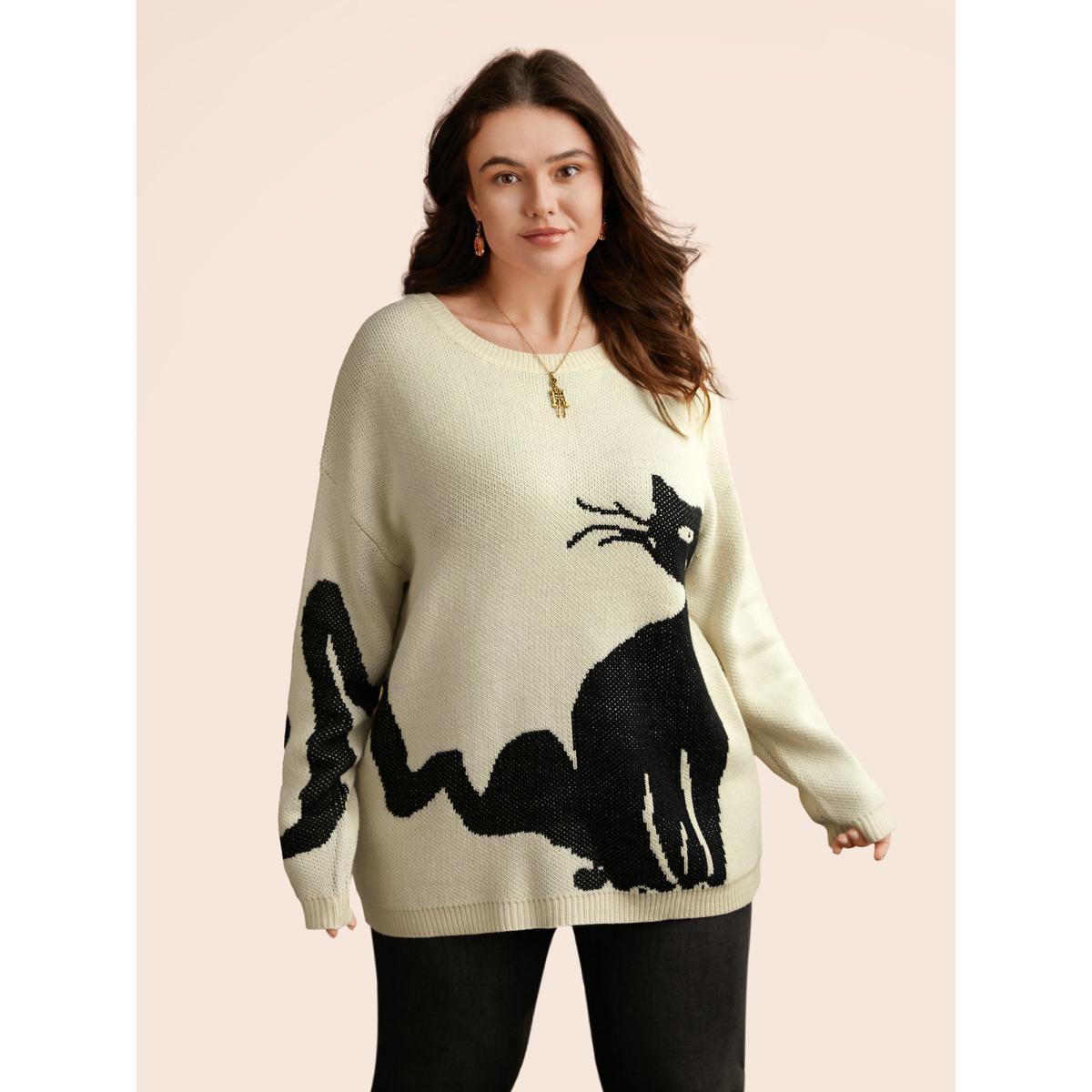Plus Size Mystic Cat Knit Crew Neck Pullover Originalwhite Women Casual Long Sleeve Round Neck Everyday Pullovers BloomChic 12/L Product Image