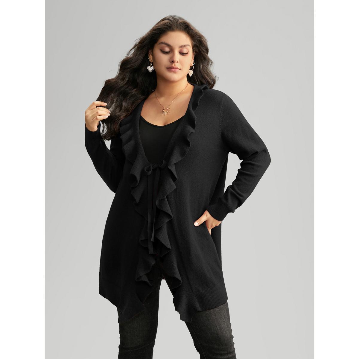 Plus Size Supersoft Essentials Solid Ruffle Trim Ties Cardigan Black Women Elegant Long Sleeve Everyday Cardigans BloomChic 22-24/3X Product Image