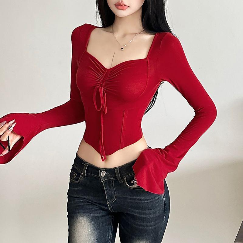 Bell Sleeve Square-Neck Plain Drawstring Slim-Fit Crop Top Product Image