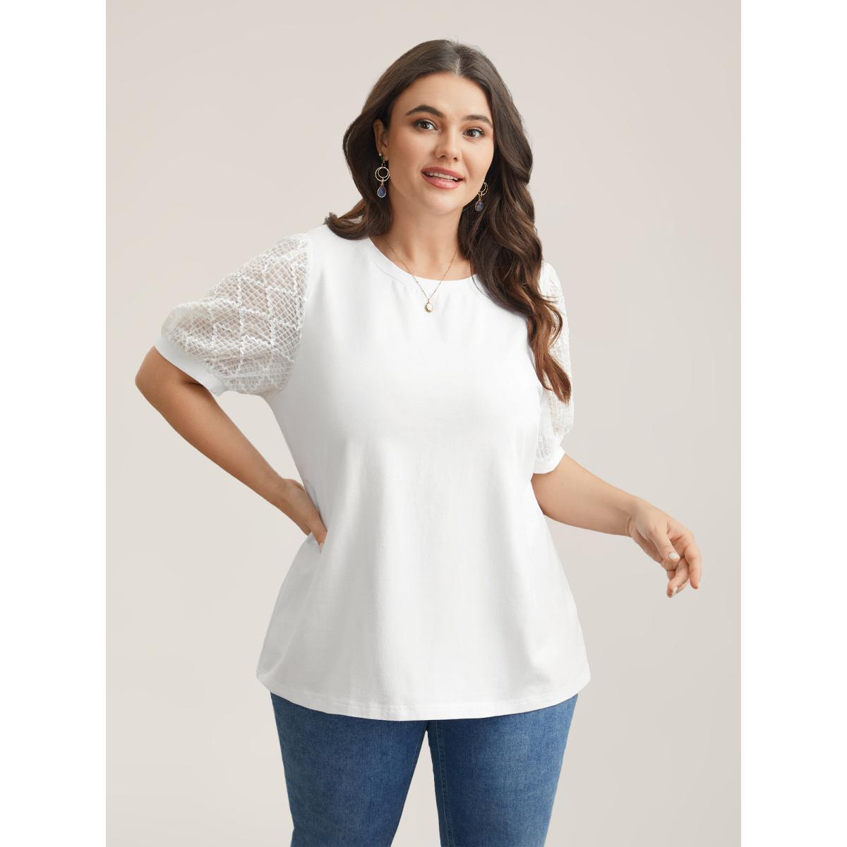 Plus Size Textured Bubble Lantern Sleeve T-Shirt Originalwhite Women Elegant Texture Round Neck Everyday T-shirts BloomChic 18-20/2X Product Image