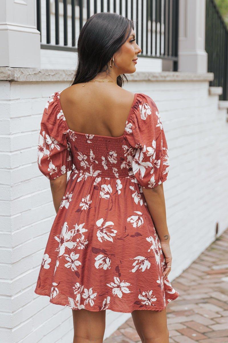 Terracotta Floral Print Pleated Mini Dress - FINAL SALE Product Image